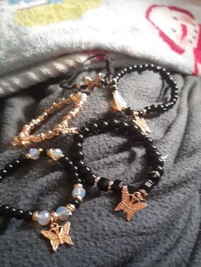 Gold Butterfly Charm Black Beaded Bracelet Set - Women Jewelry